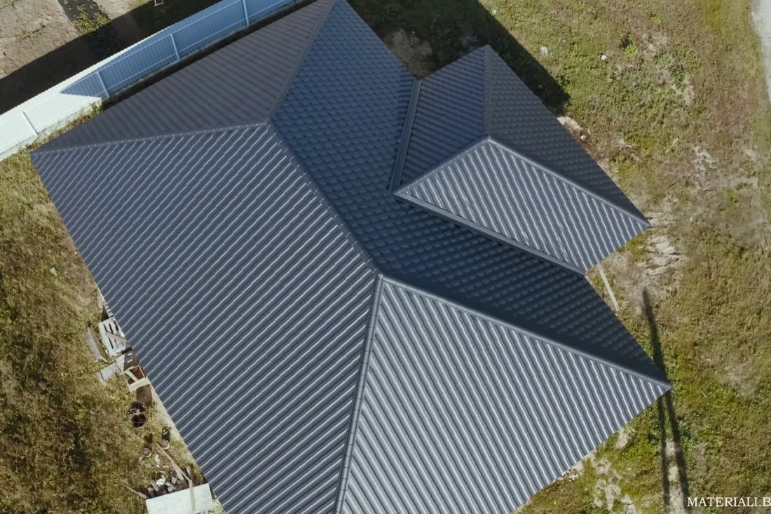 Aerial view of a finished metal roof
