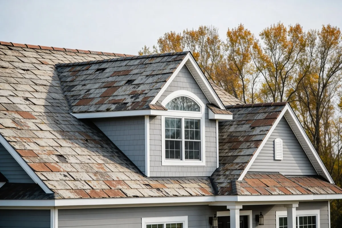 Roof before replacement, with worn shingles