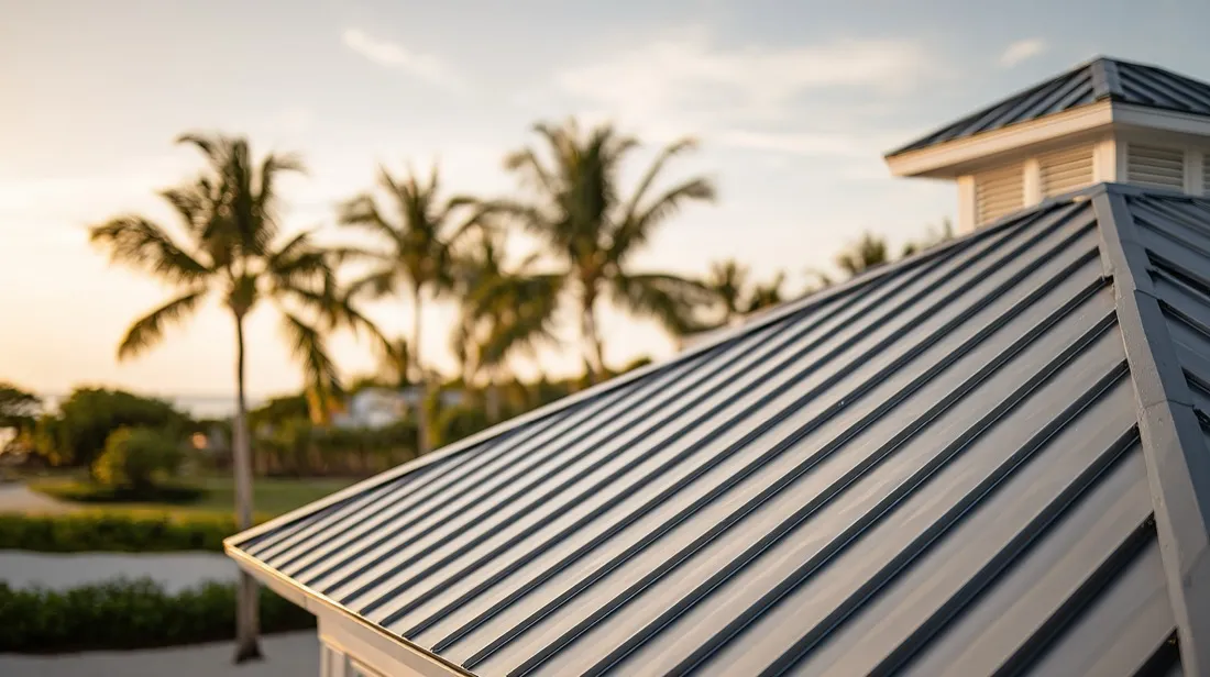 New metal roof on a Florida home framed by palm trees